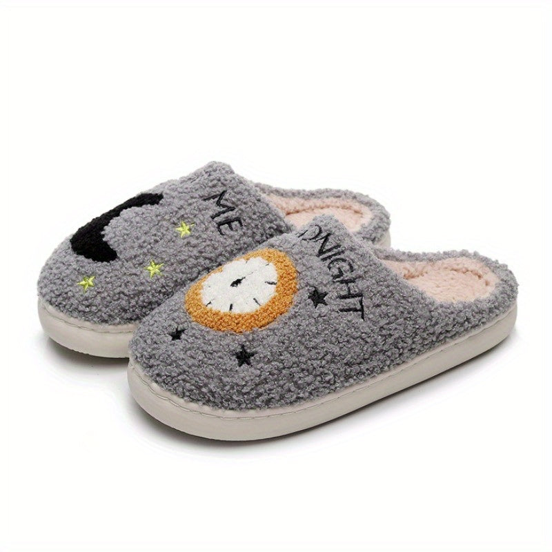 Clock & Moon Pattern Fuzzy Slippers, Winter Closed Toe Flat Bedroom Shoes, Cozy & Warm Home Slippers