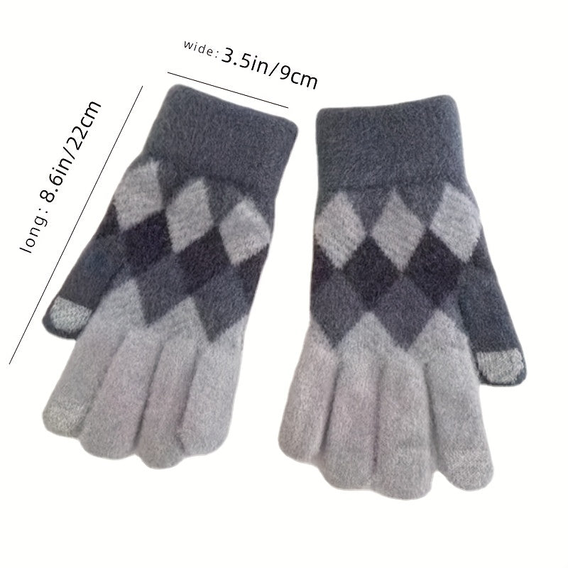 Plaid Contrast Color Winter Warm Gloves, Women Student Couple Fashion Mittens, Knitted Winter Touch Screen Gloves