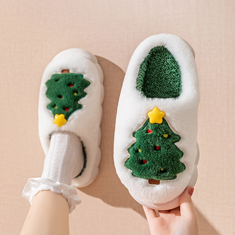 Christmas Cartoon Fluffy Home Slippers, Warm Soft Sole Bedroom Plush Lined Slippers, Non-slip Cozy Leisure Winter Christmas Slippers