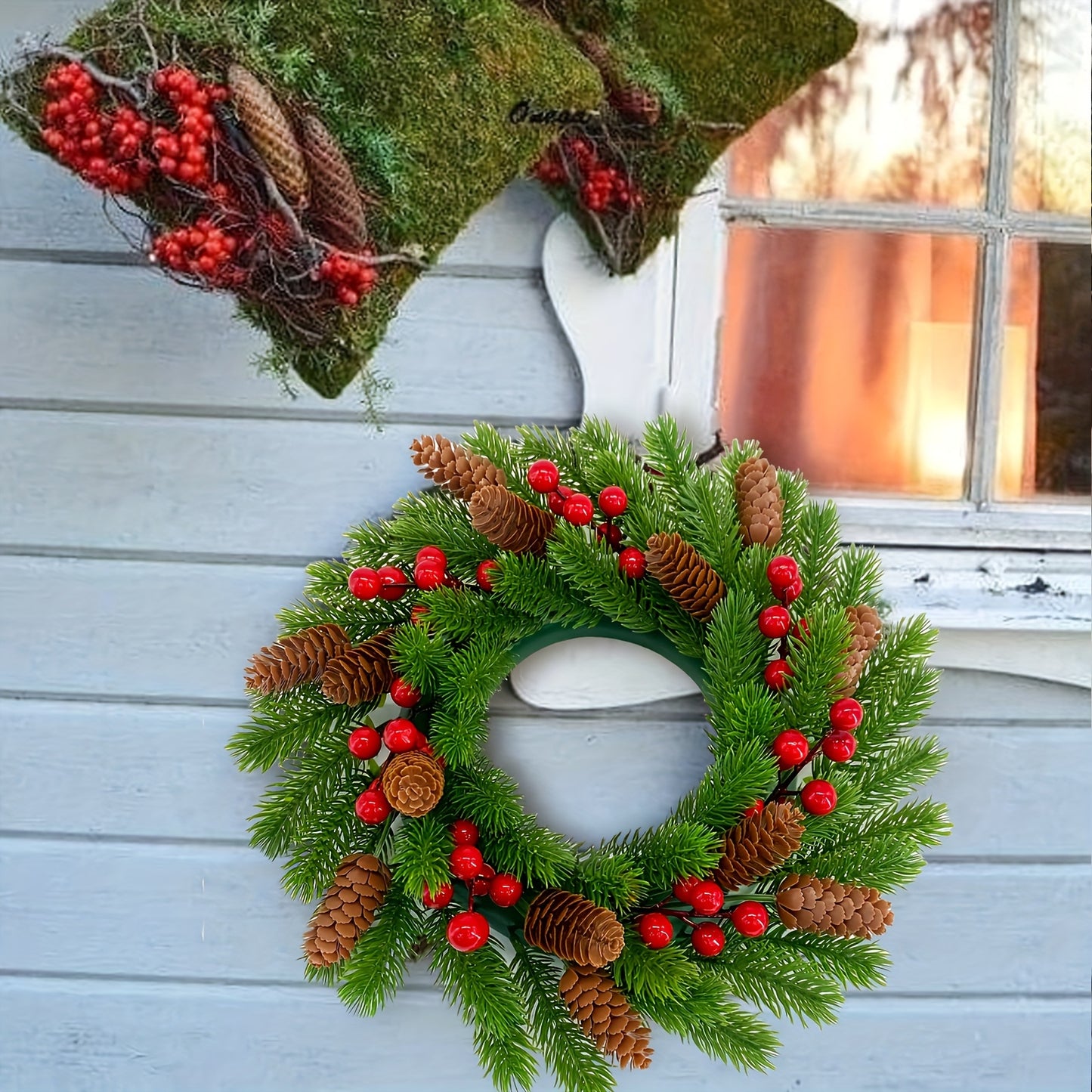 Classic Christmas Wreath with Red Berries - Artificial Pine Front Door Decor for Holiday Season, Easy Wall Hanging, Christmas Decor