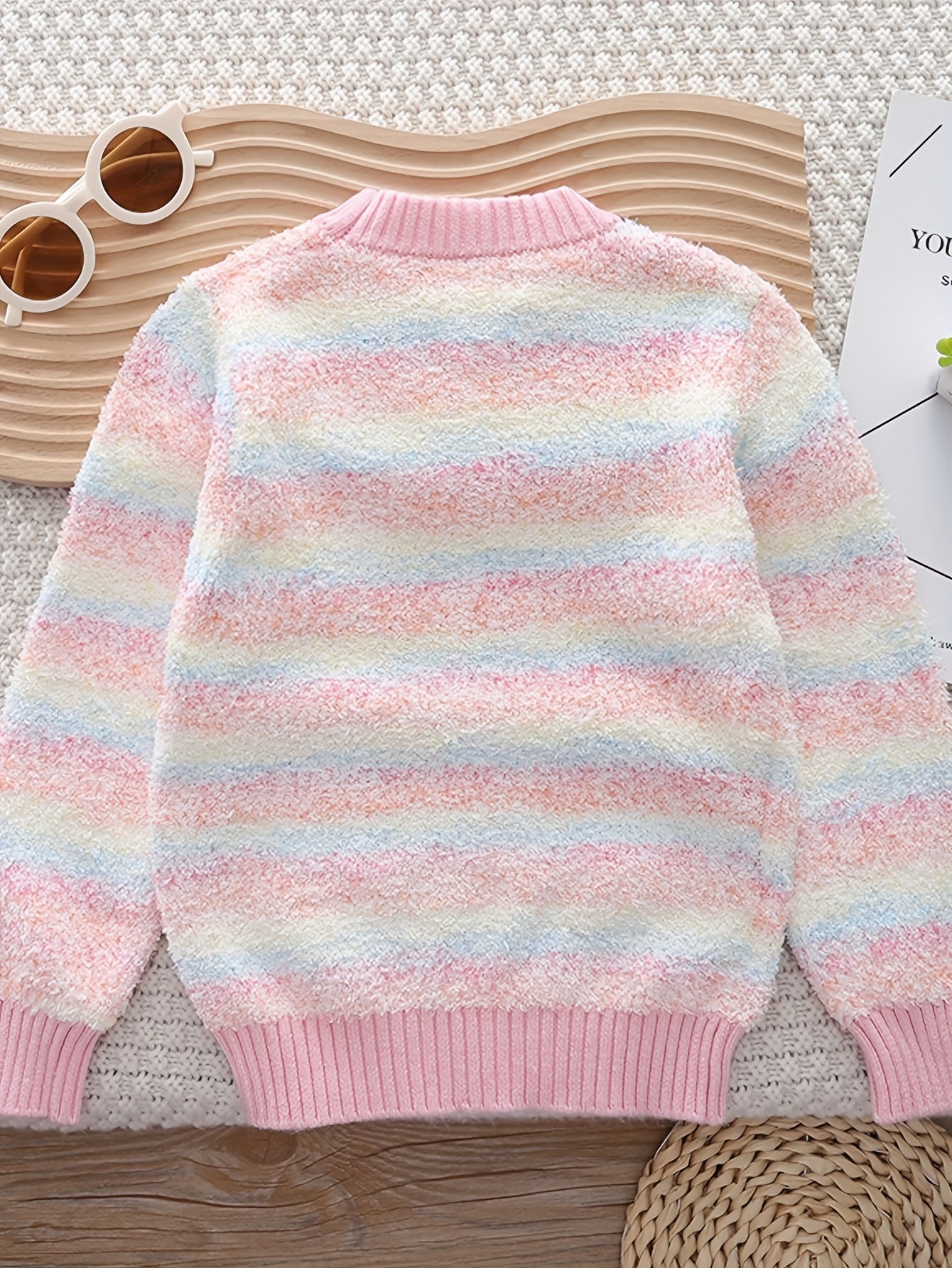 Cozy Girl's Striped Knit Sweater - Soft, Breathable, Contrast Crew Neck Pullover Jumper Top for Fall Winter - Stylish, Trendy, and Warm Girl's Clothing for Casual Daily Wear