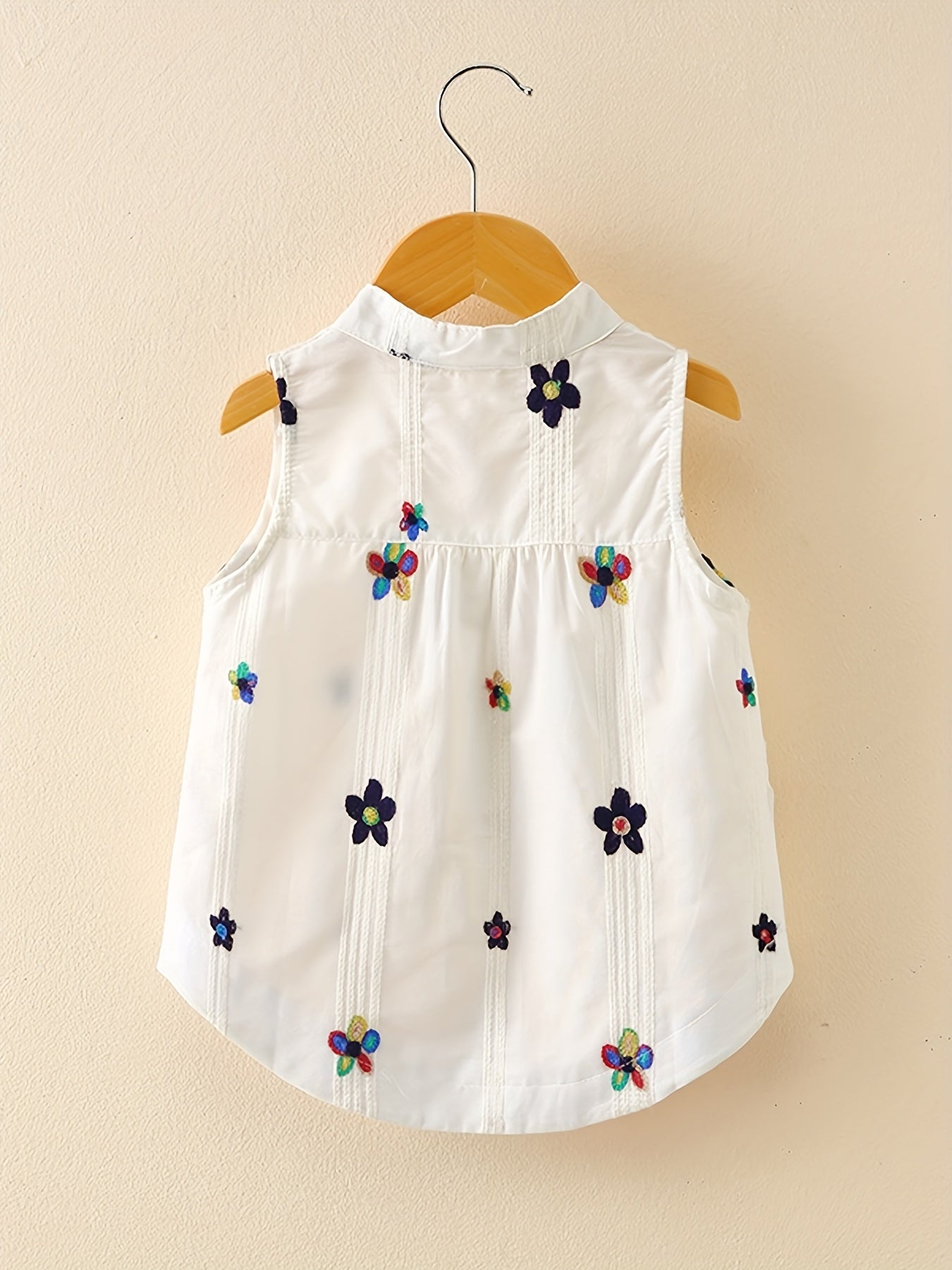 Adorable Floral Embroidered Sleeveless Blouse for Toddler Girls - Button Front, Curved Hem, Casual Summer Top - Perfect for Little Princesses