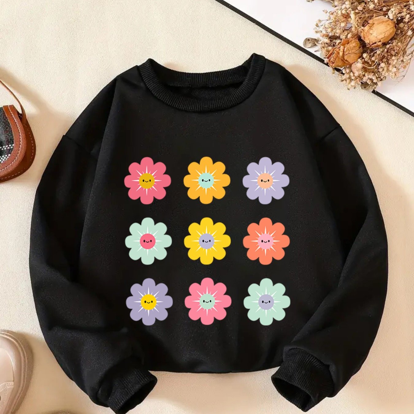 Vibrant Floral Graphic Print Long Sleeve Sweatshirt for Girls - Soft, Comfy, and Cozy Pullover for Spring and Fall Seasons - Stylish and Casual Wear for School, Outdoor Activities, and Everyday Use