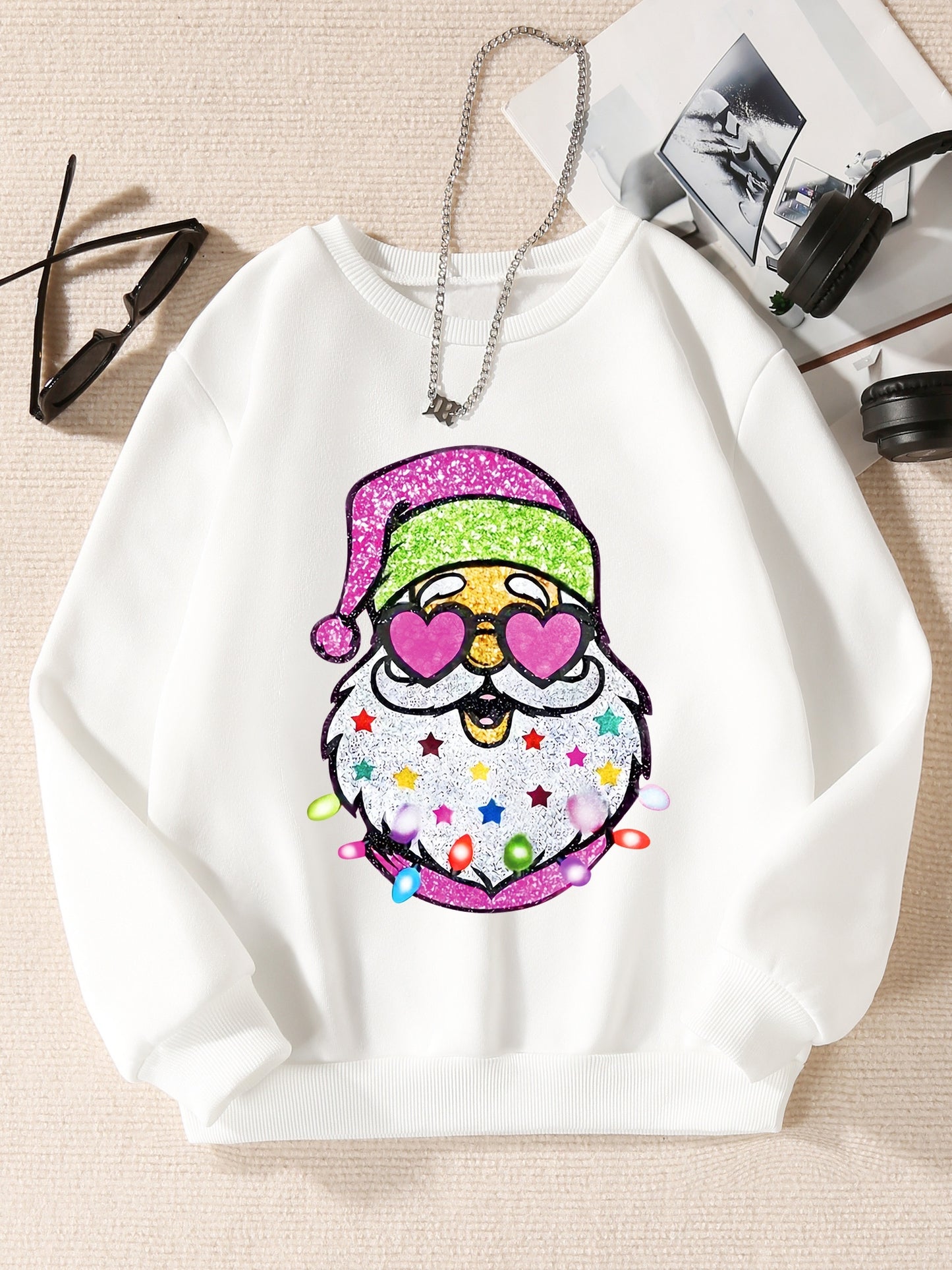 Cozy Christmas Cartoon Santa Print Pullover Sweatshirt for Toddler Girls, Long Sleeve Casual Sports Top for Everyday Wear