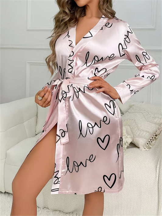 Womens Soft Satin Robe - Ultra-Casual Long Sleeve Silky Lounge Bathrobe with Adjustable Waist Tie, Adorable Heart Pattern for Sleepwear and Relaxation