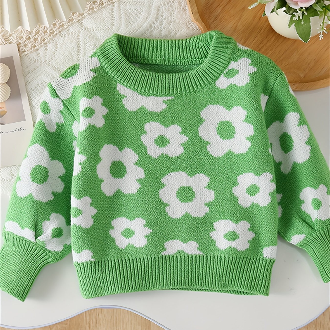 Adorable Cartoon Flower Pattern Cable Knit Long Sleeve Sweater - Soft, Cozy, and Warm Toddler & Infant Girl's Clothing for Fall and Winter Seasons - Sweet and Stylish Gift Idea for Little Princesses