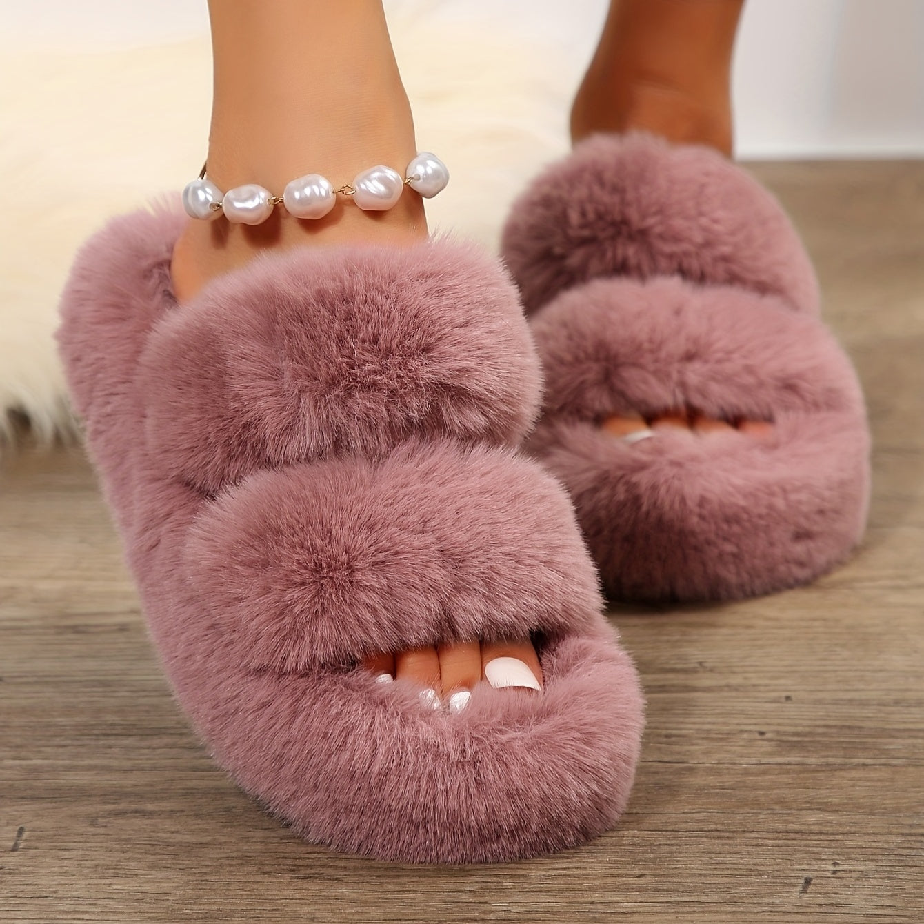 Double Band Fluffy Plush Home Slippers, Solid Color Open Toe Fuzzy Furry Shoes, Winter Cozy & Warm Slippers