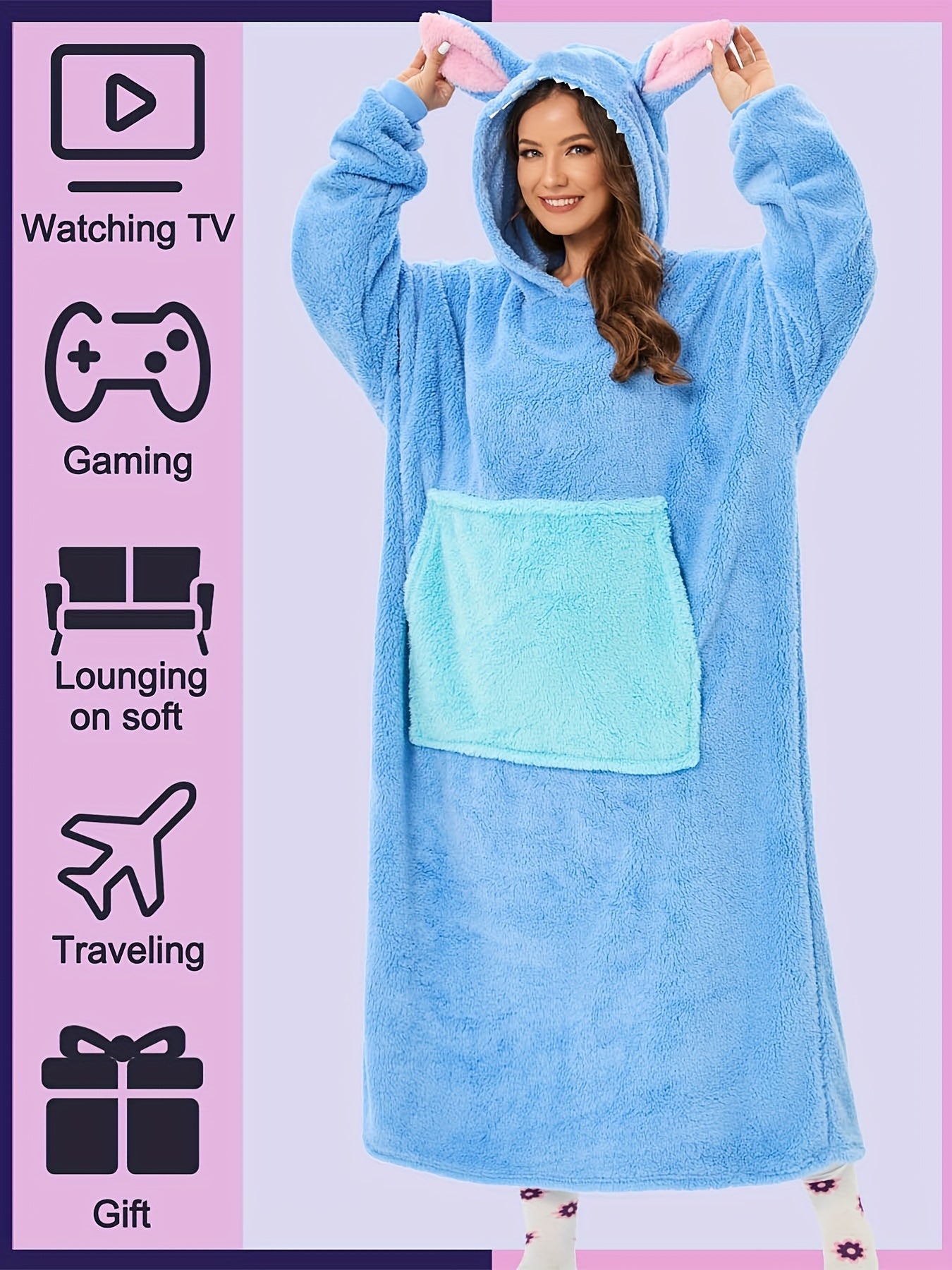 Women's Fleece Wearable Blanket Hoodie, Cute Cartoon Animal Design, Long Plush Bathrobe With Pockets, Casual Loose Fit, Warm Night Robe For Fall & Winter