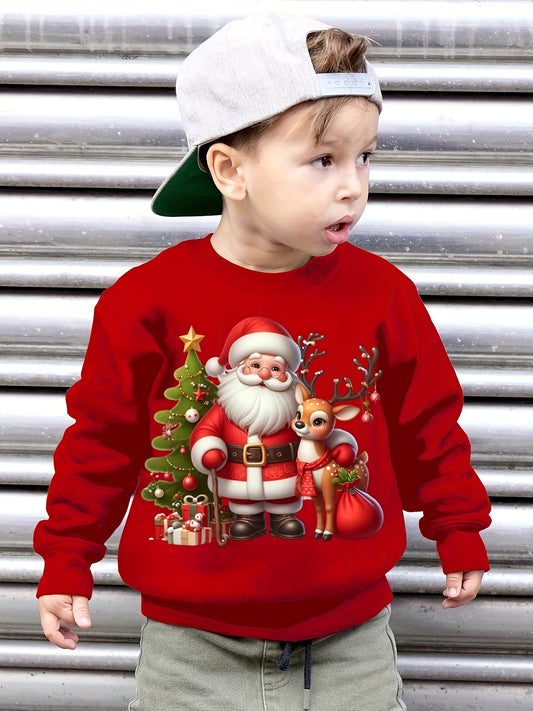 1pc Festive Christmas Santa and Reindeer Print Long Sleeve Pullover Sweatshirt for Boys, Casual Round Neck Polyester Knitwear with Embroidered Details, Regular Fit for Autumn/Winter