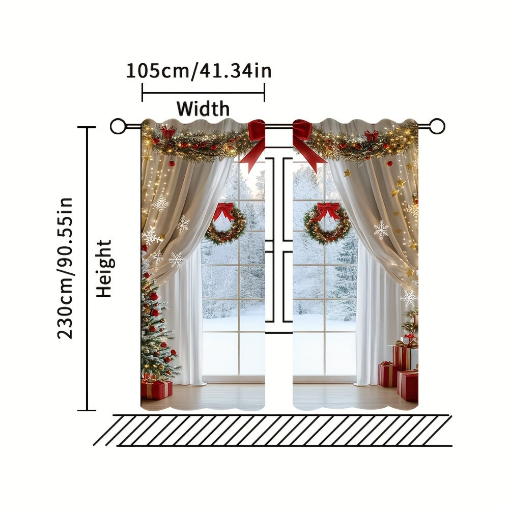 2pcs Set Christmas Digital Print Curtains with Green Leaf Edge - Rod Pocket Design for Living Room, Bedroom, Kitchen & Office Decor