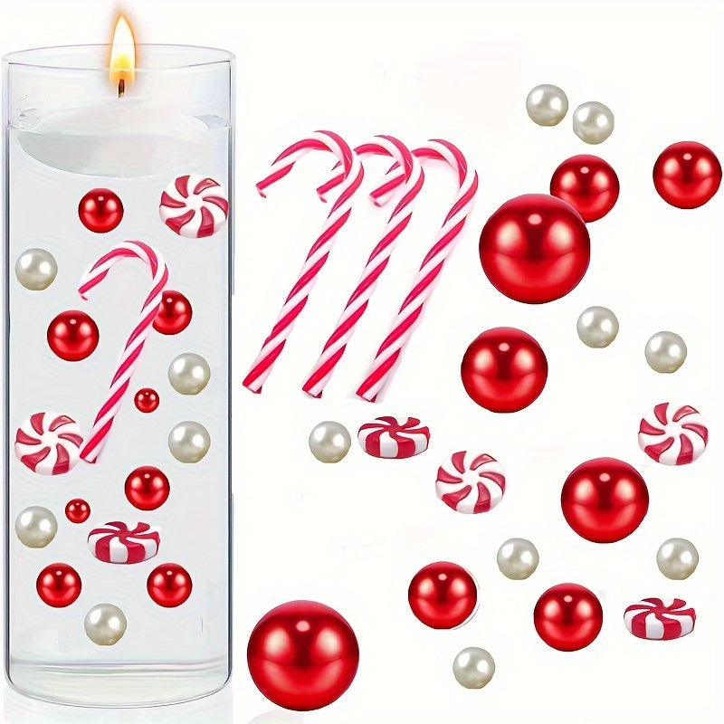 1 Pack of 54Pcs Red Crutches Christmas Vase Filler Beads with White Floating Pearls for Weddings, Birthday Parties, and Holiday Decorations