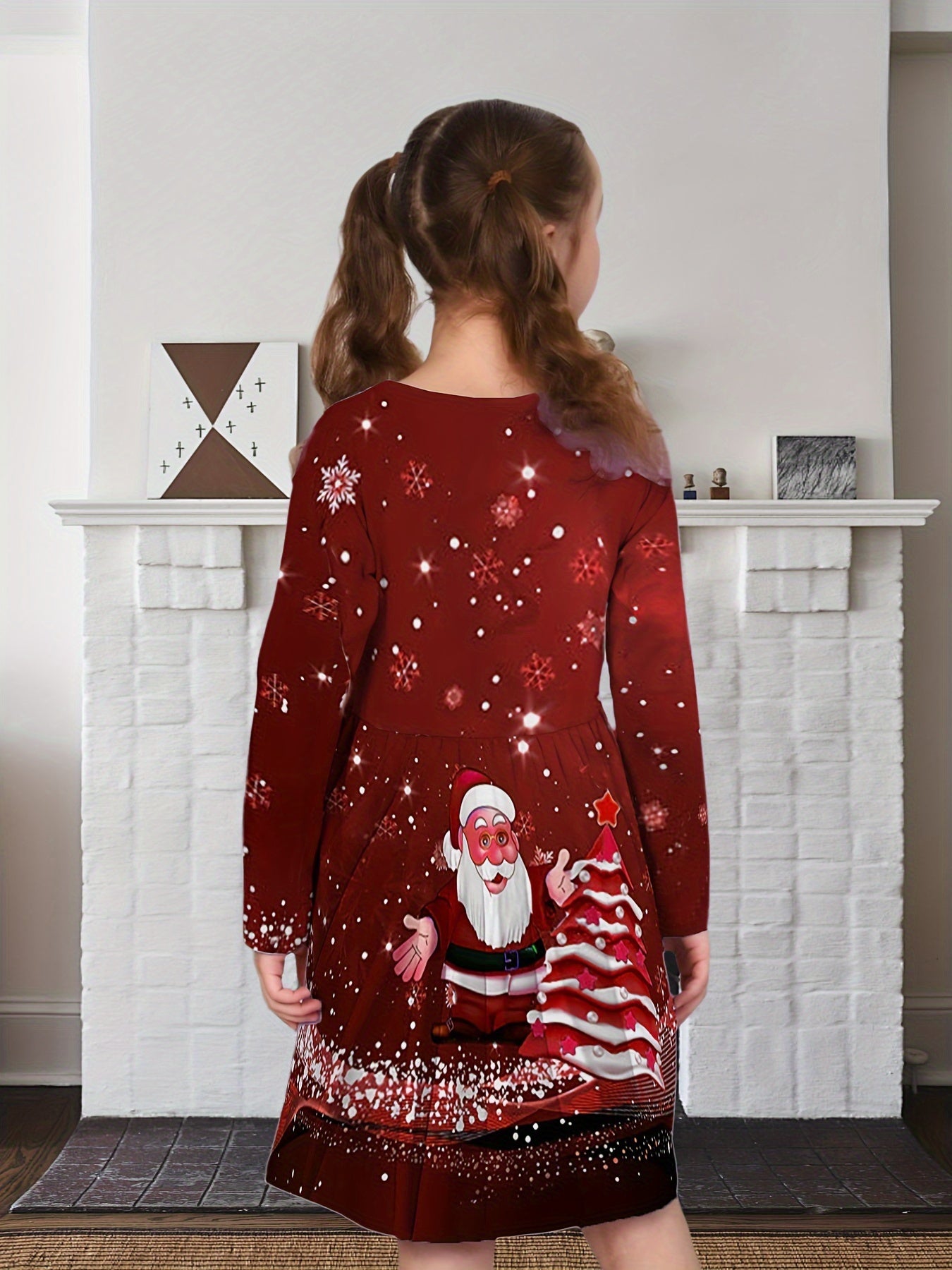 Chic Girls' Long Sleeve Christmas Dress - Elegant A-Line with Cute Santa Print, Comfortable Polyester, Machine Washable - Perfect for Holiday Parties & Gifts, for Christmas, Autumn, Spring