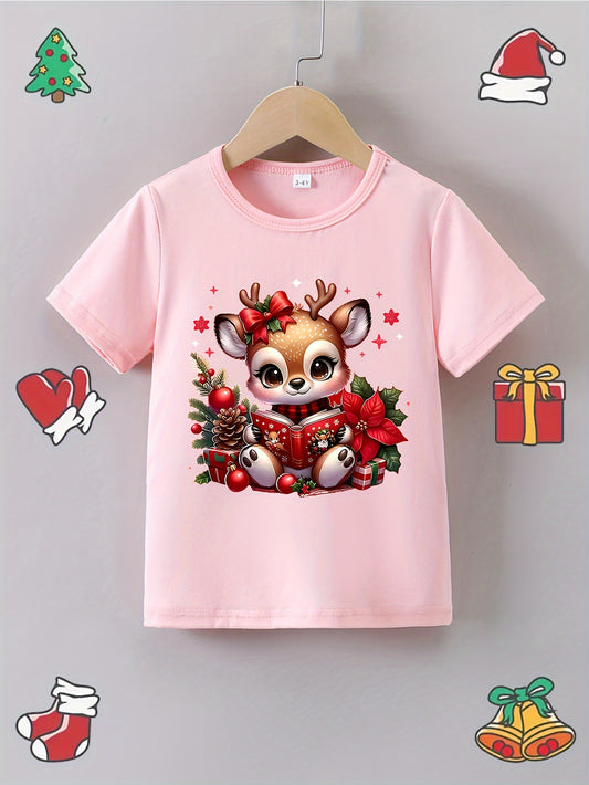 Pink Girls' Casual Cartoon Short Sleeve T-Shirt - "Alphabet Reading Deer" Print, Round Neck, Regular Fit, Polyester, Christmas Themed