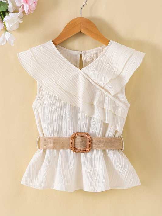 Vibrant Solid Color Ruffle Sleeve Top - Delicate Ruffle Sleeves, Chic Belt Detail, Elegant Style - Perfect for Young Girls to Wear During the Warm Summer Season