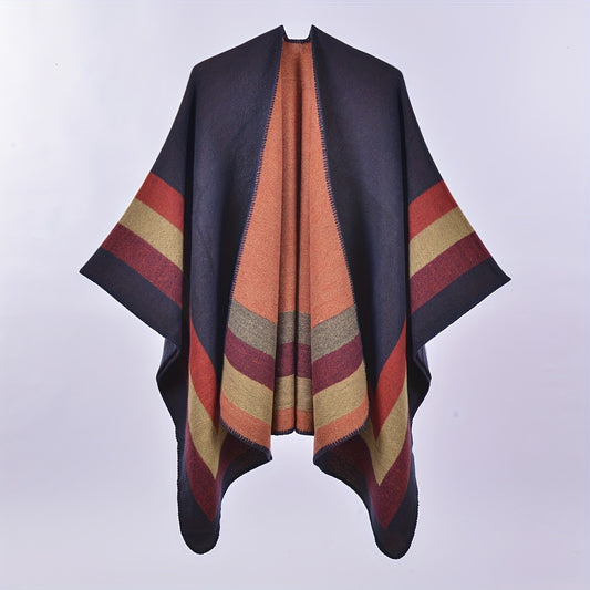 Stripe Jacquard Large Shawl Vintage Imitation Cashmere Warm Cape Scarf Blanket Wraps Reversible Windproof Cardigan