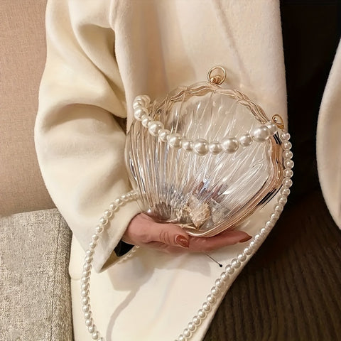 1pc Girl's Transparent Trendy Shoulder Bag, Trendy Faux Pearl Hand-held Shell Bag