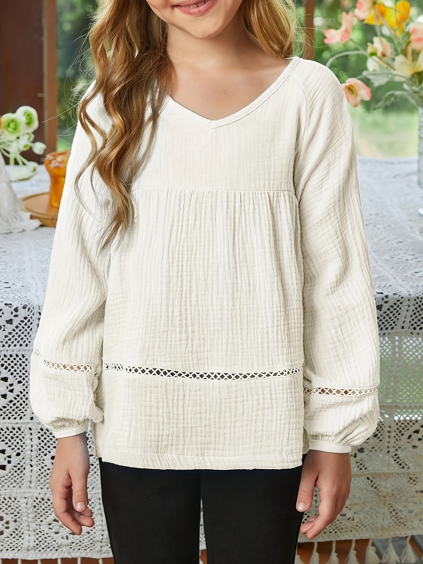 Stylish 100% Cotton Muslin Boho Chic V Neck Long Sleeve Shirt Pullover for Girls - Soft, Breathable, Relaxed Fit, Casual Wear - Elegant Gift Idea for Teenagers