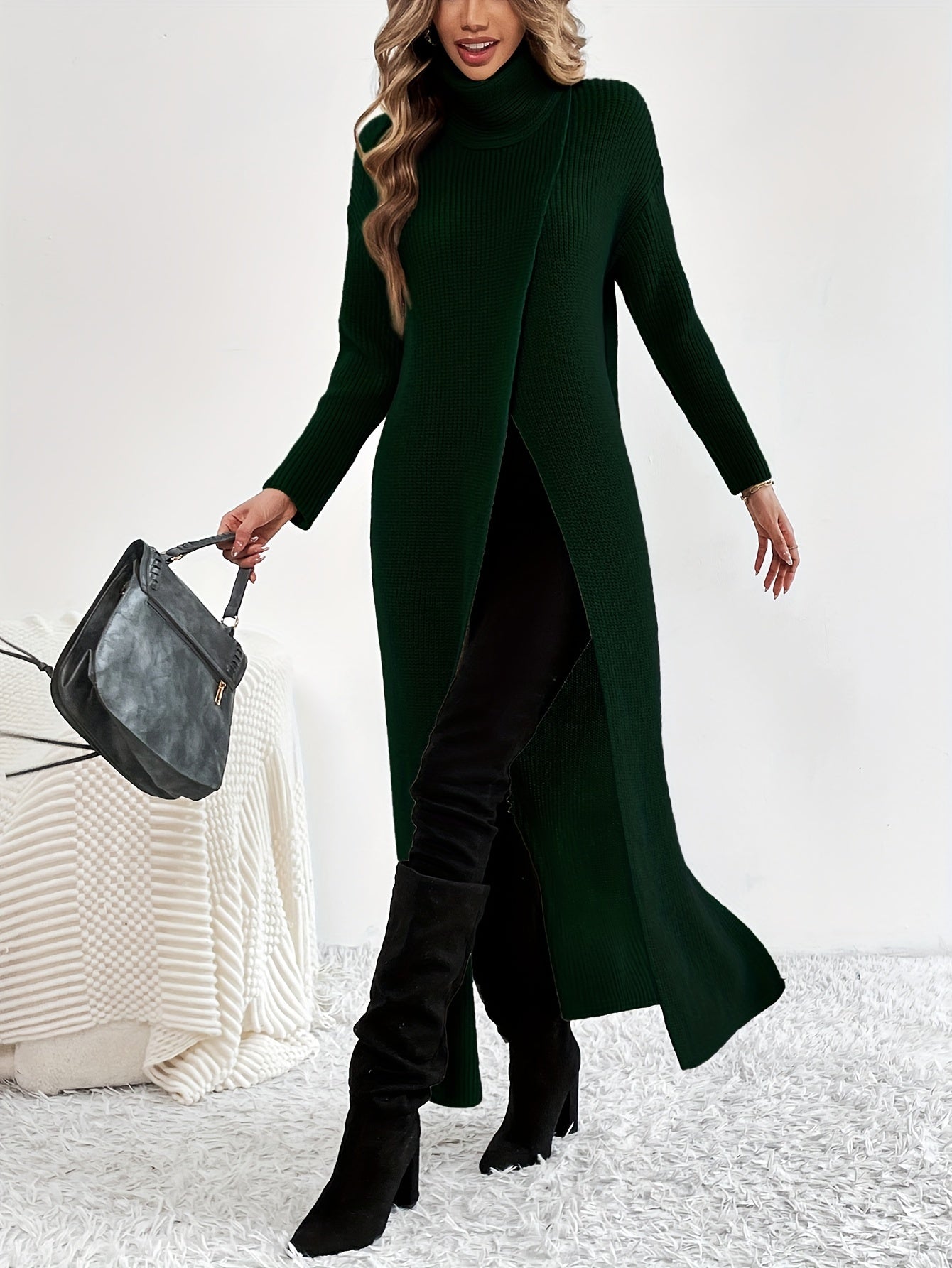 Solid High Neck Split Dress, Elegant Long Sleeve Maxi Dress, Women's Clothing