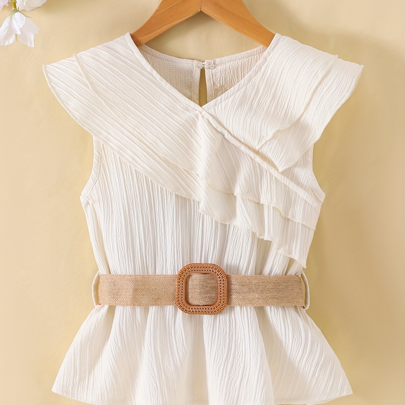 Vibrant Solid Color Ruffle Sleeve Top - Delicate Ruffle Sleeves, Chic Belt Detail, Elegant Style - Perfect for Young Girls to Wear During the Warm Summer Season