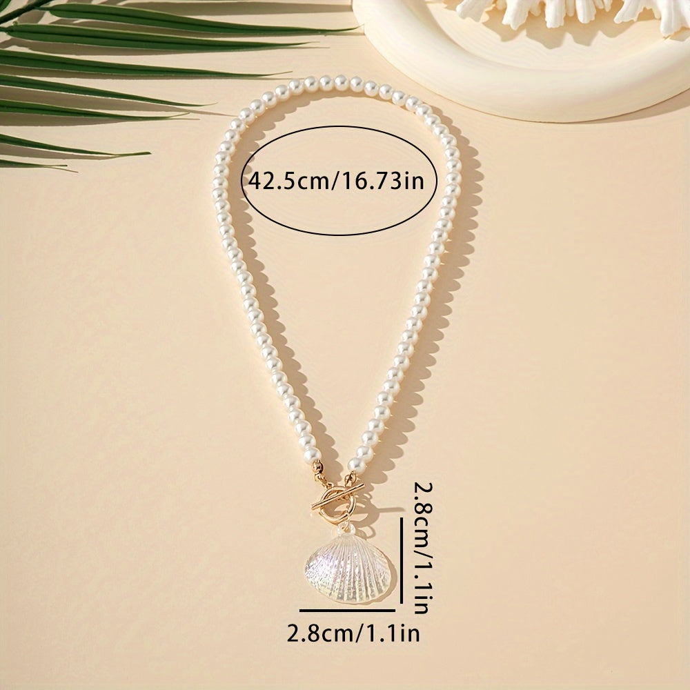 2pcs, Boho & Elegant Style, White Seashell Shape Design Pendant, Match Shiny Beads Necklace, Fashion Delicate Accessory For Daily Wear & Beach Holiday, Idea Gift For Ladies