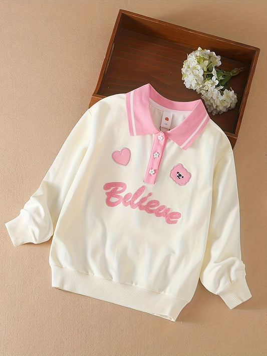 Girls' Cartoon Character Embroidered Comfort Fit Long Sleeve Sweatshirt - Soft Brushed Fabric, Button Collar, Relaxed Fit, Casual Wear for School, Daily Life - Vibrant Colors, Fun Designs