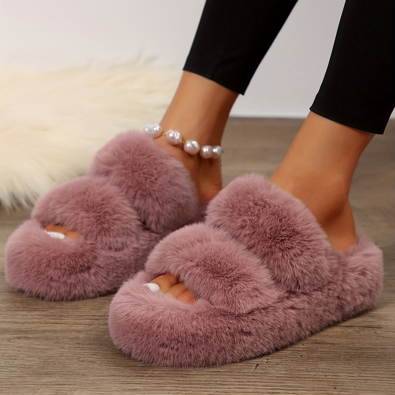 Double Band Fluffy Plush Home Slippers, Solid Color Open Toe Fuzzy Furry Shoes, Winter Cozy & Warm Slippers