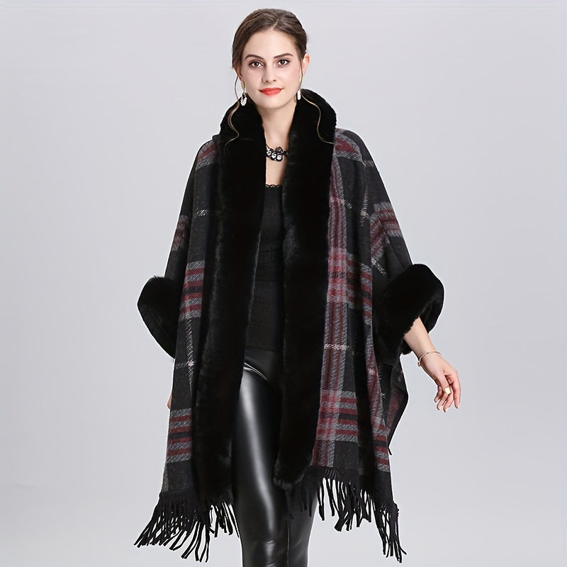 Winter Shawl Cape Coat - Ultra-Thick, Warm, and Soft Knitted Plaid Outwear with Tassel and Hood, Perfect for Mature Women in Cold Winter Season