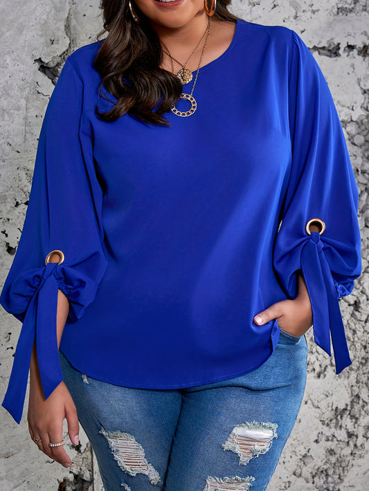 Plus Size Crew Neck Blouse - Timeless Solid Color, Effortlessly Casual Style, Comfortable Long Sleeve Design - Perfect for Spring Season Wear, Designed Specifically for Womens Plus Size Figures