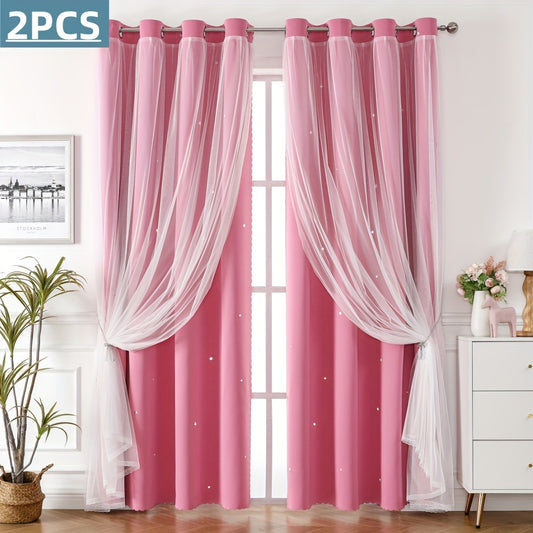 2PCS Grommet Top Curtains Double-layer Cute Hollow Star-shaped Small Holes Curtain For Light Transmission, Suitable For Bedroom Blackout Curtains, Living Room Curtains, Themed Room Curtains, And Festival Party Decoration Curtains Home Decor