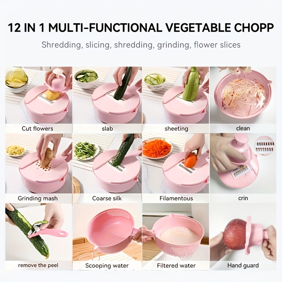 12-in-1 Multifunctional Vegetable Chopper - Manual Slicer, Dicer & Grater for Potatoes, Carrots, Radishes - Easy Clean Kitchen Gadget Perfect for Home and Restaurant Use