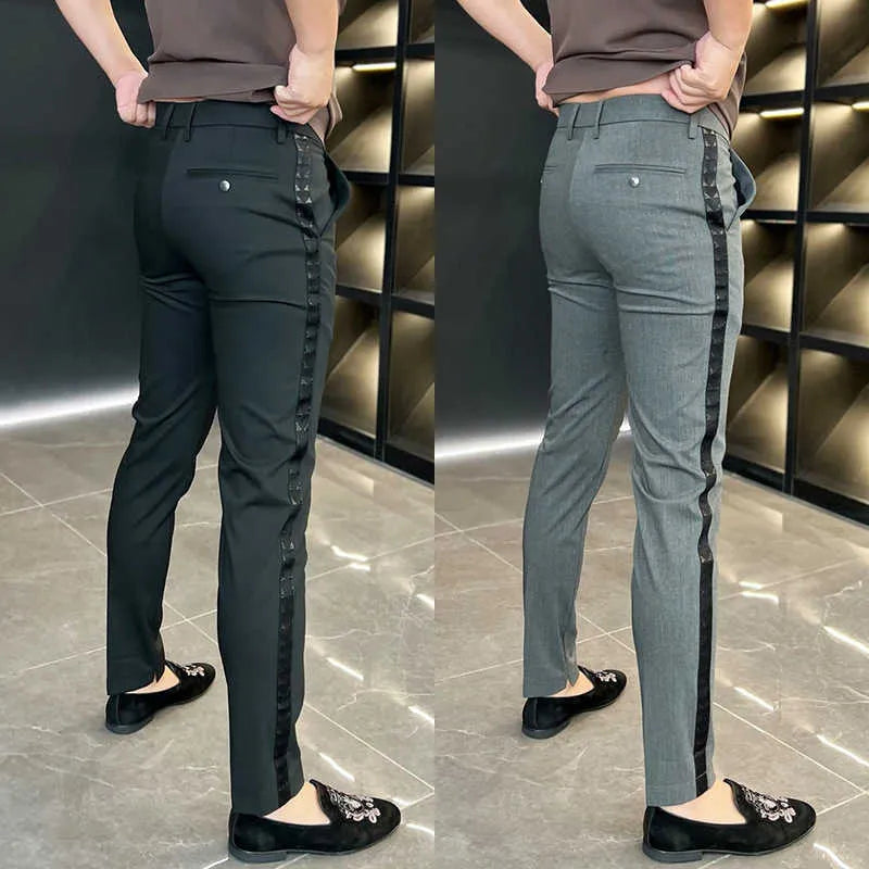 Mens Pants Business casual pants men's new autumn side slit trousers with slim slim straight nine-minute trousers Q240617