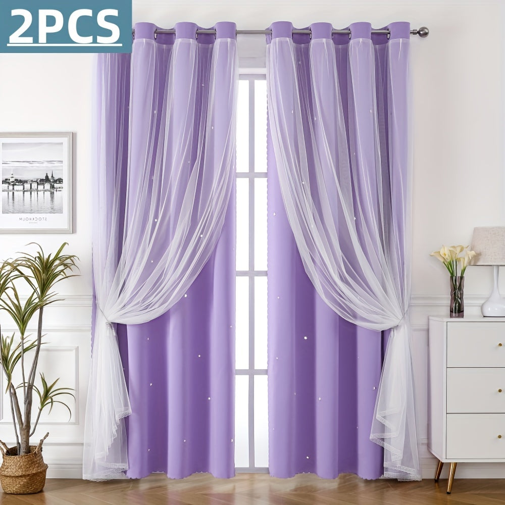 2PCS Grommet Top Curtains Double-layer Cute Hollow Star-shaped Small Holes Curtain For Light Transmission, Suitable For Bedroom Blackout Curtains, Living Room Curtains, Themed Room Curtains, And Festival Party Decoration Curtains Home Decor