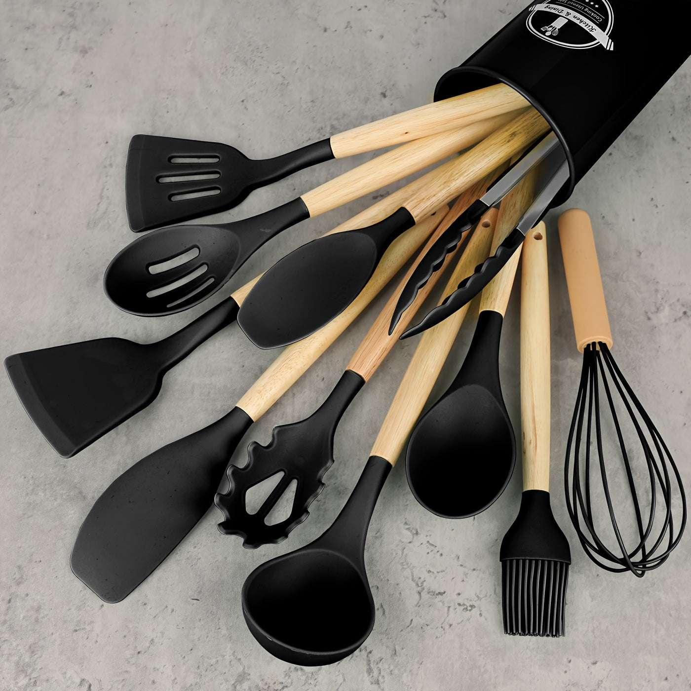 12pcs/set, Silicone Utensil Set, Kitchen Utensil Set, Safety Cooking Utensils Set, Non-Stick Cooking Utensils Set With Wooden Handle, Washable Modern Cookware, Kitchen Stuff, Kitchen Gadgets, Kitchen Essentials