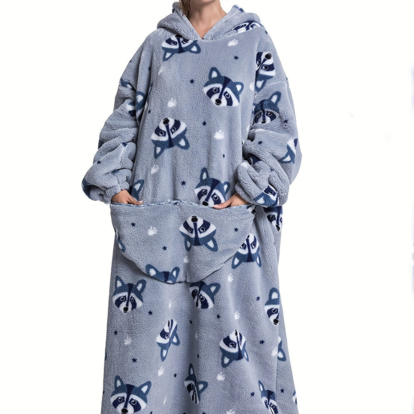 Plus Size Cute Nightgown, Women's Plus Puppy Print Long Sleeve Cozy Flannel Hooded Wearable Blanket With Pockets