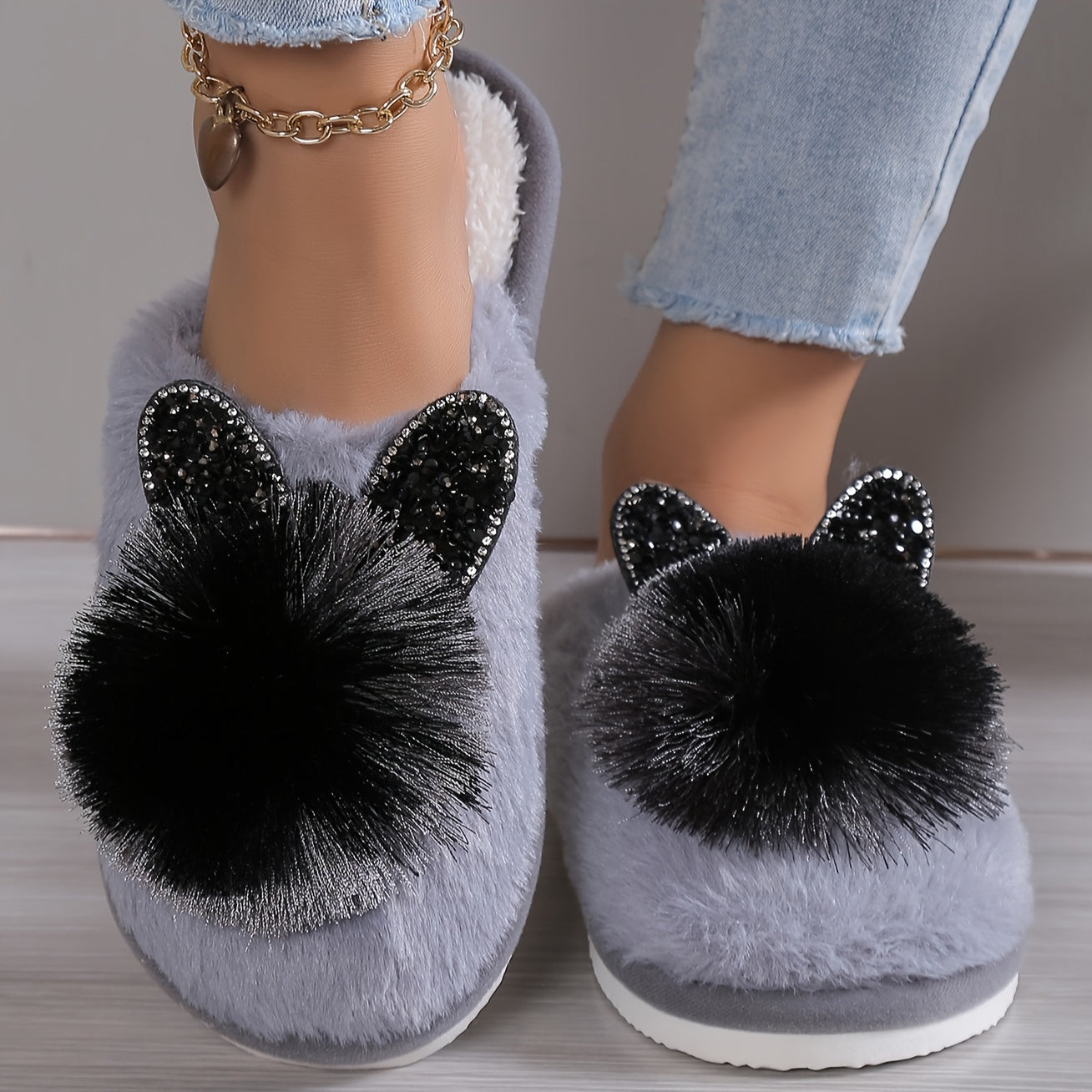 Cute Cat Hear Winter Plush Slippers, Cozy & Warm Pom-pom Closed Toe Shoes, Comfortable Flat Home Slippers