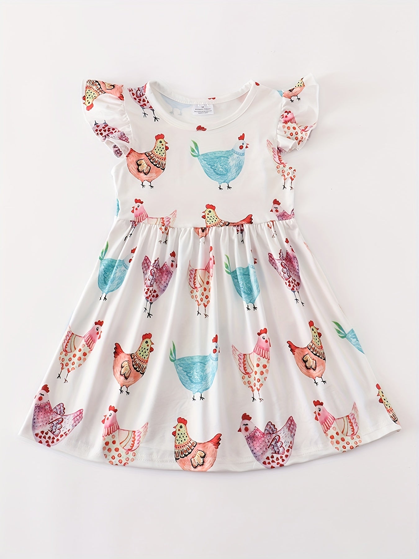 Stretchy Adorable Girls Cartoon Dress with Flouncy Ruffle Sleeves - Perfect for Summer Parties and Gift-Giving