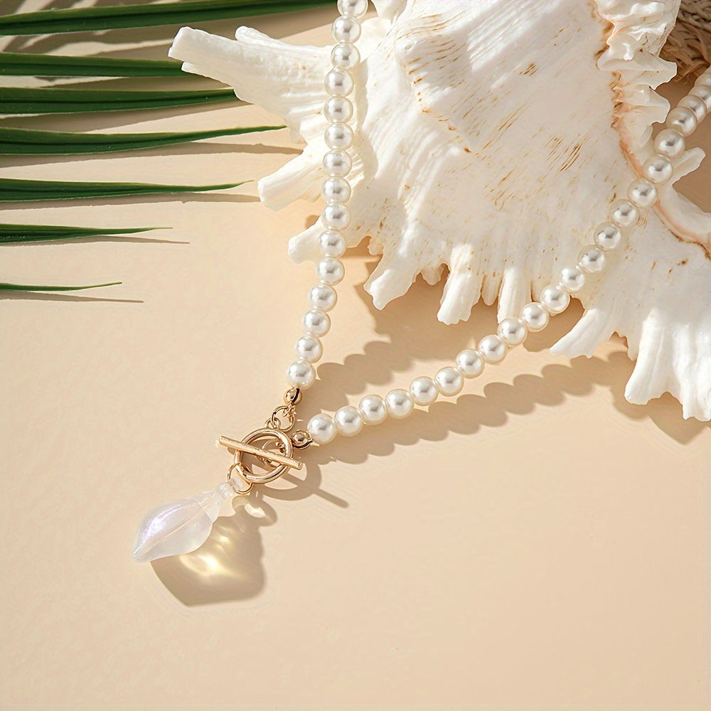 2pcs, Boho & Elegant Style, White Seashell Shape Design Pendant, Match Shiny Beads Necklace, Fashion Delicate Accessory For Daily Wear & Beach Holiday, Idea Gift For Ladies