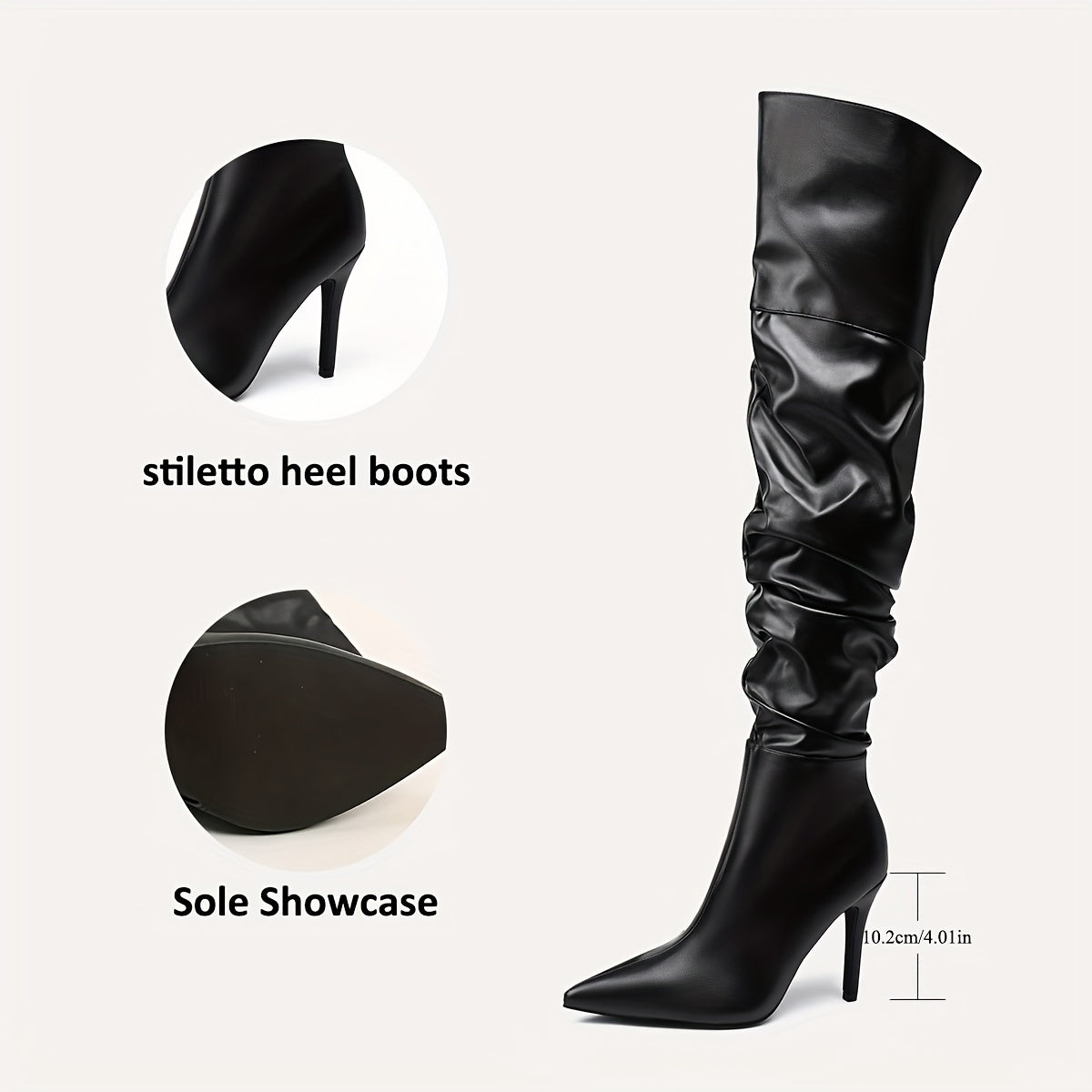 Women's Ruched Detail Over The Knee Boots, Fashionable Pointed Toe Side Zipper Stiletto Thigh High Boots