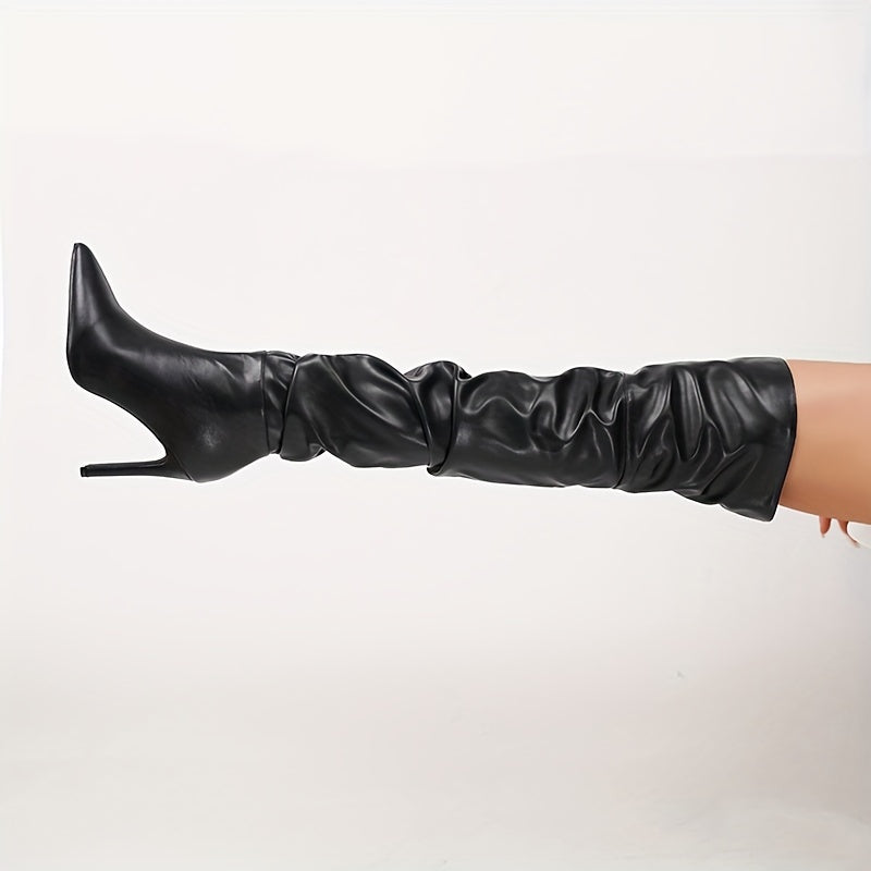 High Heel Stiletto Pointed Toe Over The Knee Boots - Fashionable Zipper Closure, Microfiber Artificial Leather Upper, Comfortable Platform, Rubber Sole, Tribal Style - All-Season Wear, Solid Color, No Printing