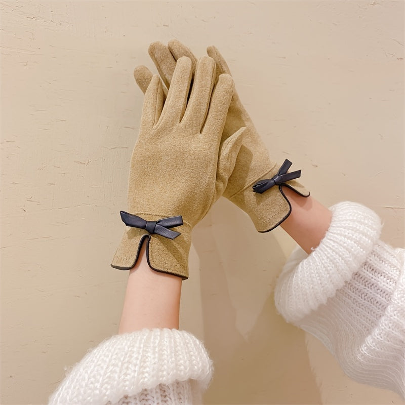 1 Pair Women's Full Finger Winter Gloves With Bow Decor, Touch Screen Outdoor Windproof Warm Gloves For Outdoor