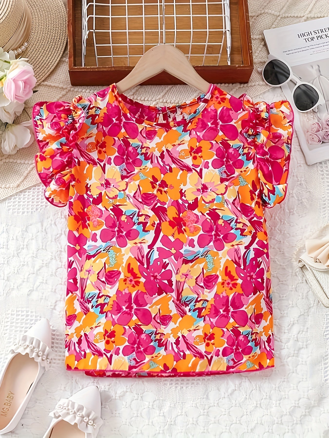 Stunning Floral Ruffle Sleeve Blouse - Vibrant Crew Neck Top for Girls - Sweet Casual Summer Wear with Relaxed Fit and Soft Fabric