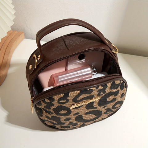 Benpaolv Leopard Print Round Handbag, Retro Mini Crossbody Bag, Trendy Circle Purse For Women