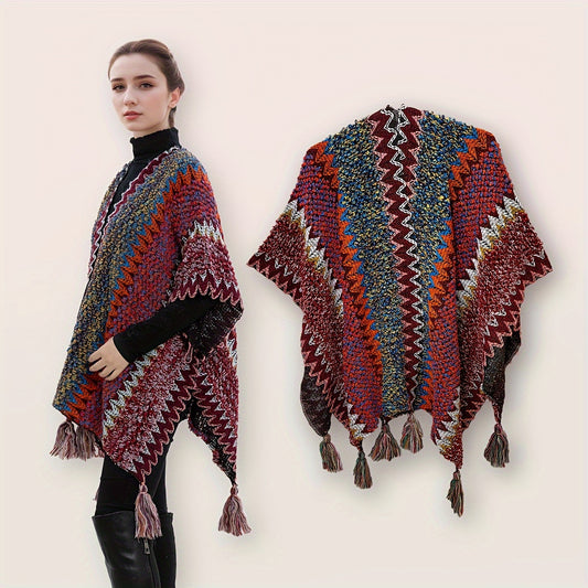 Cozy Boho Chic Shawl Cardigan - Women's Accessories - Soft Mixed Color Knitted Wavy Striped Poncho with Tassel, Windproof, and Warm for Winter Outdoor Activities