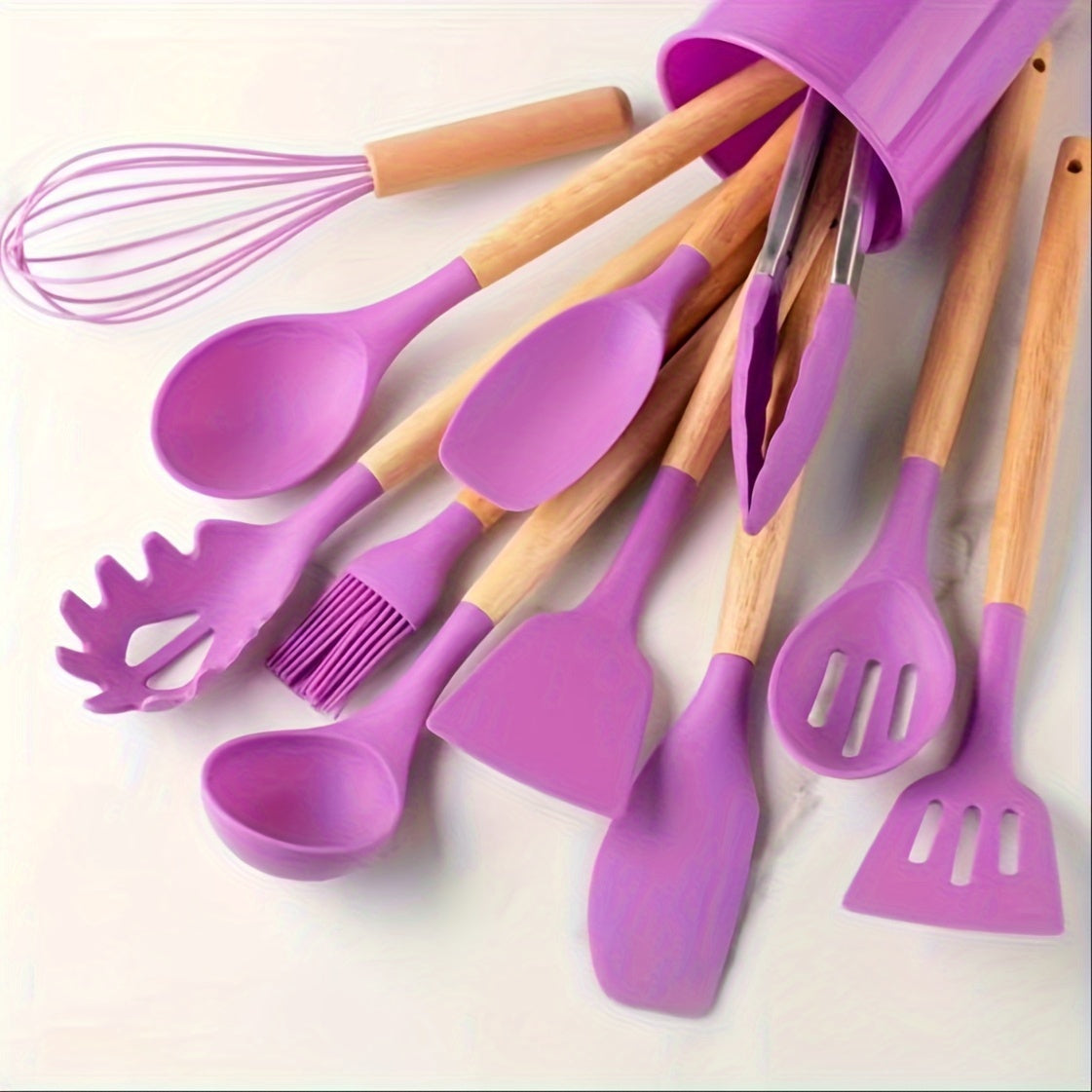 12pcs, Silicone Utensil Set, Khaki Kitchen Utensil Set With Wooden Handle, Safety Cooking Utensils Set, Non-Stick Kitchen Tools Set, Washable Modern Cookware, Kitchen Stuff, Kitchen Gadgets