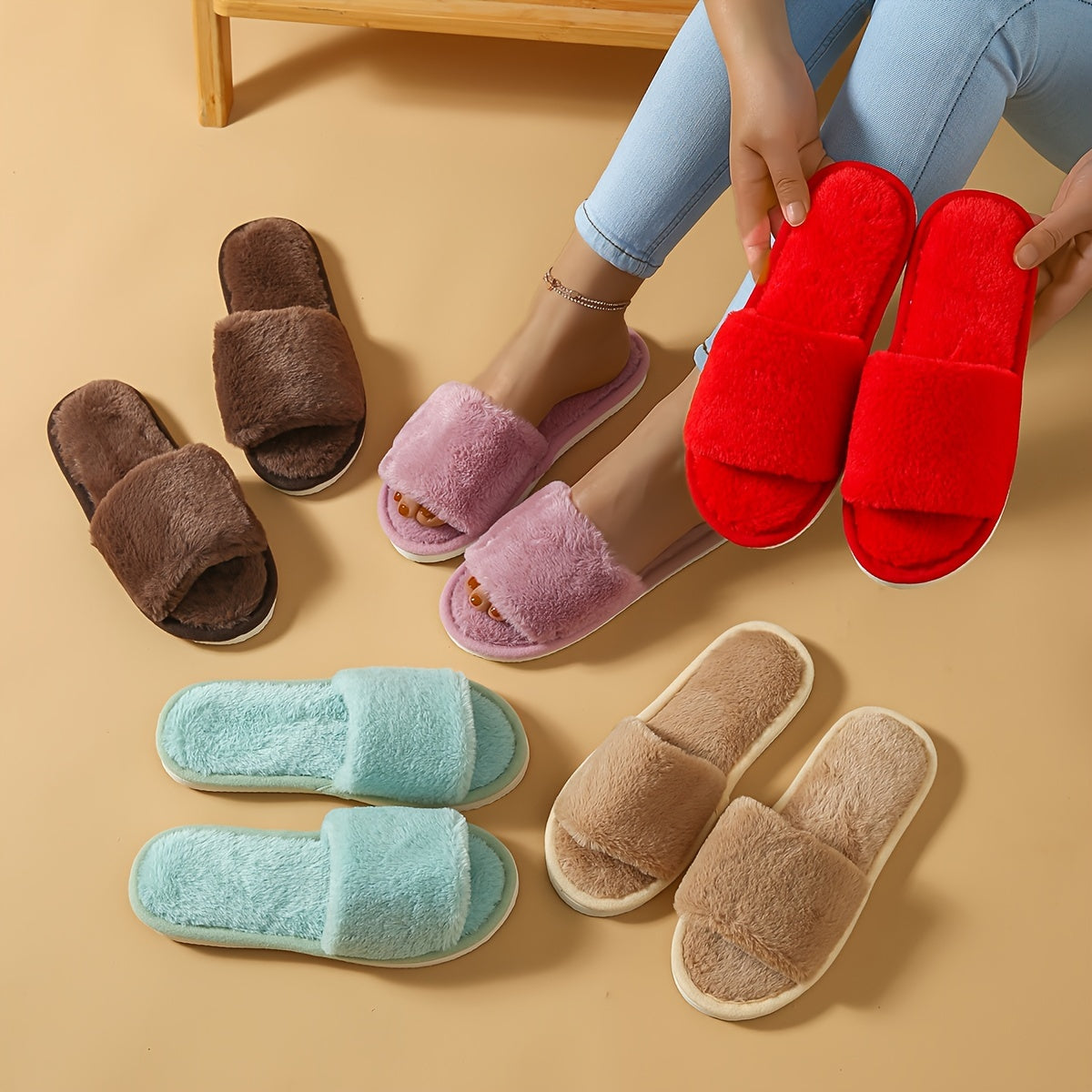 Winter Plush Open Toe Slippers, Solid Color Cozy & Warm Slip On Shoes, Comfy Indoor Floor Slippers