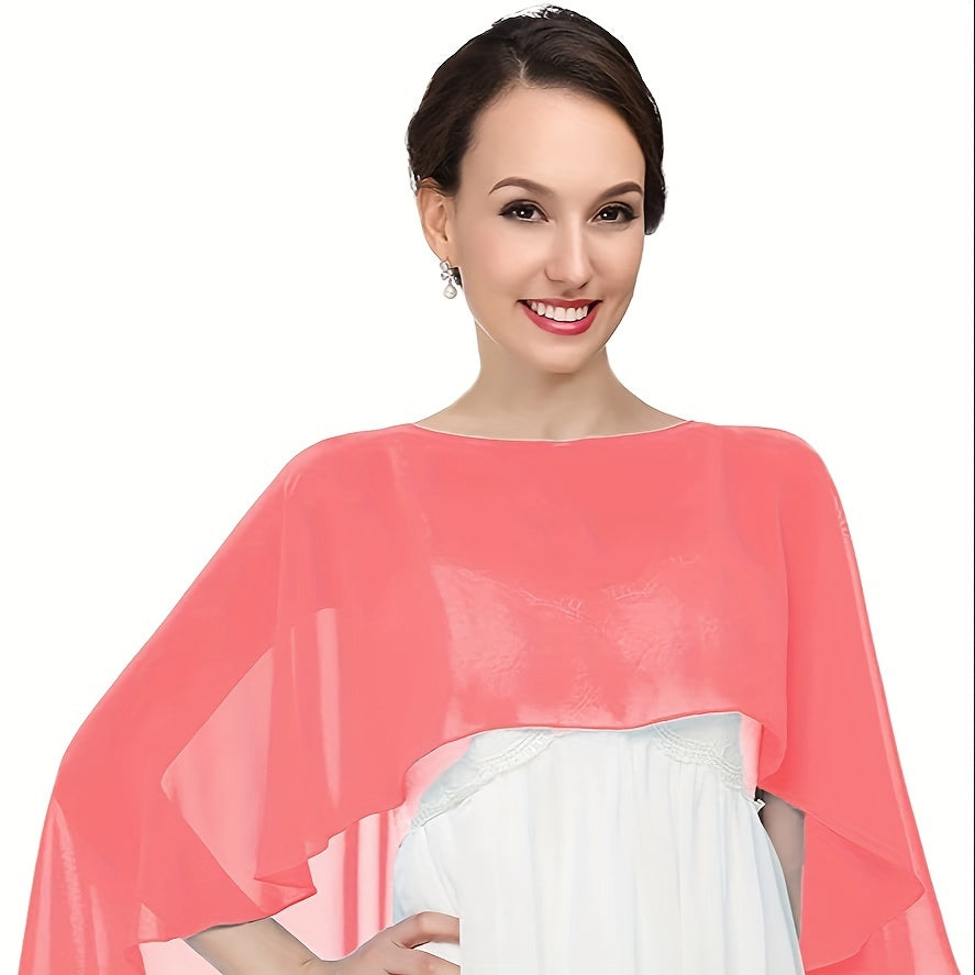 Luxurious Chiffon Evening Shawl - Stylish Solid Color, Lightweight & Breathable - Elegant Ladies Pullover Cloak for Casual Outerwear, Versatile All-Season Drapey Cover-Up