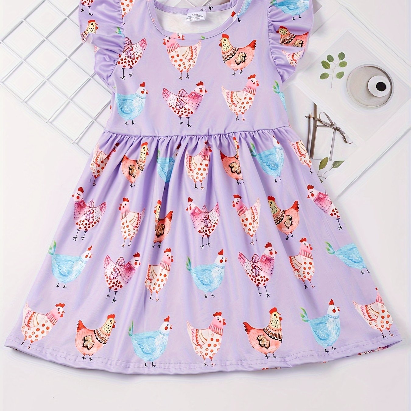 Stretchy Adorable Girls Cartoon Dress with Flouncy Ruffle Sleeves - Perfect for Summer Parties and Gift-Giving