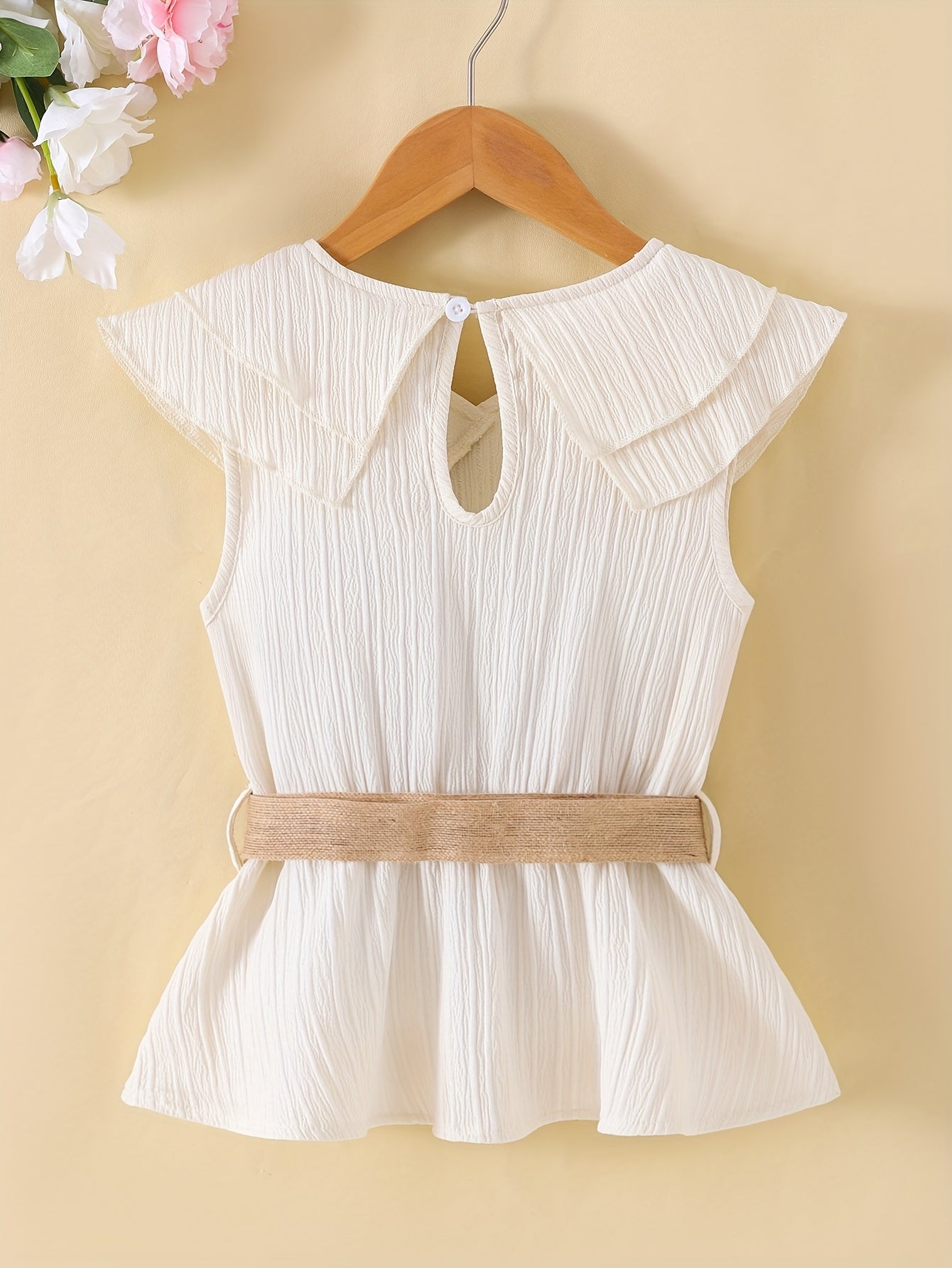 Vibrant Solid Color Ruffle Sleeve Top - Delicate Ruffle Sleeves, Chic Belt Detail, Elegant Style - Perfect for Young Girls to Wear During the Warm Summer Season