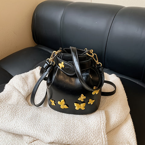 Butterfly Decor Bucket Bag, Trendy Mini Crossbody Bag, Women's Luxury Drawstring Handbag