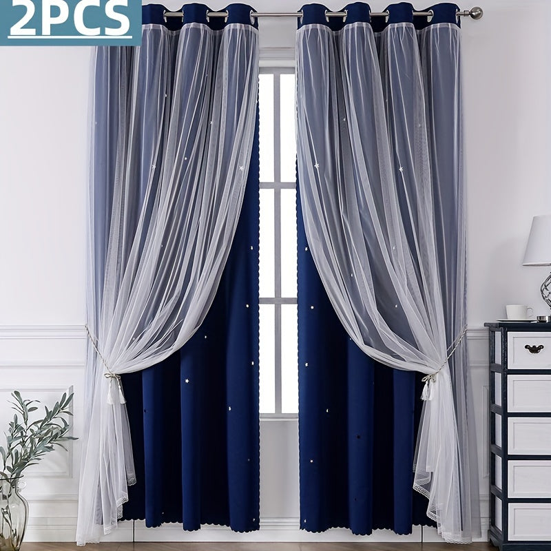 2PCS Grommet Top Curtains Double-layer Cute Hollow Star-shaped Small Holes Curtain For Light Transmission, Suitable For Bedroom Blackout Curtains, Living Room Curtains, Themed Room Curtains, And Festival Party Decoration Curtains Home Decor